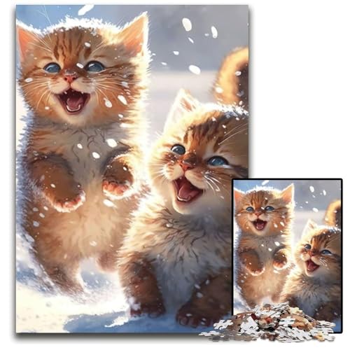 Babykatzen Spielen im Schnee, Puzzle für Erwachsene, 1000 Teile, Holzpuzzle, Denksportspiel für Teenager, 50x75cm von LGSHENG