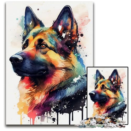 Deutscher Schäferhund Aquarell 1000-teiliges Puzzle für Erwachsene, Holzpuzzle, anspruchsvolles DIY-Dekorationsspiel, interaktives Familienspielzeug, 50x75cm von LGSHENG