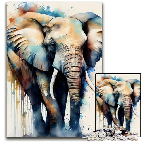 Elefant Aquarell Tier 1000 Teile Puzzle Geschenke Unmögliche Puzzles für Erwachsene Herausfordernde Denksportaufgabe für Teenager, Familienspaß Interaktives Spiel 26X38CM/10,23x14,96 Zoll von LGSHENG