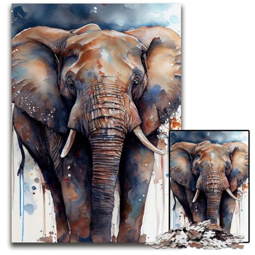 Elefanten-Aquarell, 1000-teiliges Puzzle für Erwachsene, Holzpuzzle, entspannende Unterhaltung, Heimdekoration, 50x75cm Elefanten-Aquarell, 1000-teiliges Puzzle für Erwachsene, Holzpuzzle, entspannende Unterhaltung, Heimdekoration, 50x75cm von LGSHENG