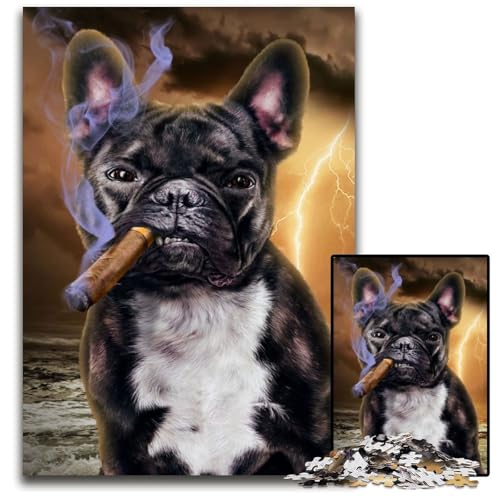 Französische Bulldogge mit Zigarre, 1000-teiliges Puzzle, Geschenke, Unmögliches Puzzle für Erwachsene, Herausforderndes Denkspiel für Teenager, Familienspaß, interaktives Spiel, 50x75cm von LGSHENG