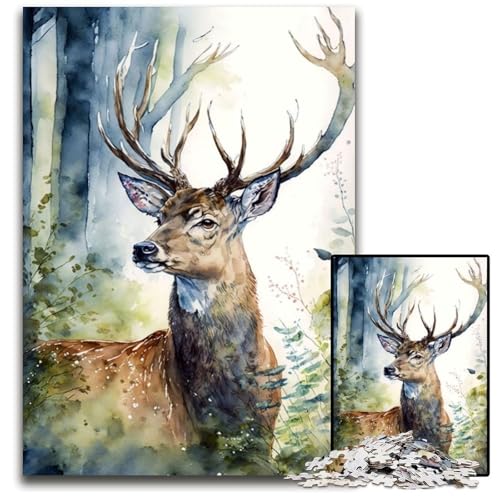 Hirsch-Aquarell-Wald-Puzzle, 1000 Teile, für Erwachsene, Holzpuzzle, ideal für Teenager und Sammler, Reisegeschenk, Familienaktivität, 50x75cm von LGSHENG