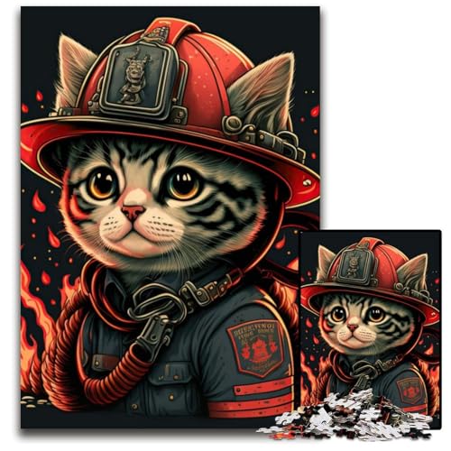 Katzen-Feuerwehrmann, 1000-teiliges Puzzle für Erwachsene, Holzpuzzle, perfekte Dekoration für Zuhause oder das Büro, 26x38cm von LGSHENG