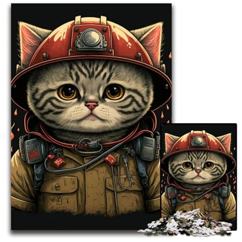 Katzen-Feuerwehrmann-Puzzle 1000 Teile für Erwachsene Holzpuzzle für Erwachsene Ideales DIY-Dekor & Denksport-Geschenk 50x75CM/19,68x29,52 Zoll von LGSHENG