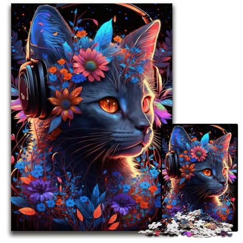 Katzen- und Blumen-Neon-Puzzle für Erwachsene, 1000 Teile, Holzpuzzle, Denksportspiel für Teenager, 26x38cm von LGSHENG
