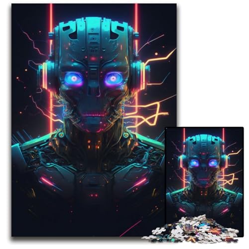 Neon-Robotergesicht-Puzzle für Erwachsene, 1000-teiliges Holzpuzzle für Erwachsene, anspruchsvolles Denkspiel für Teenager, Spaß für den Familienspieleabend, 50x75cm von LGSHENG