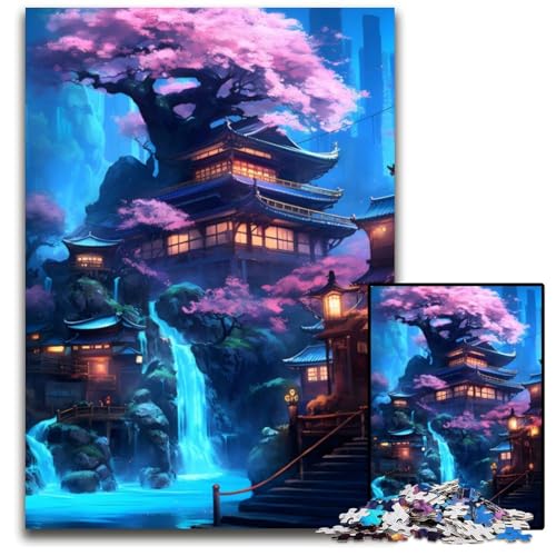 Neon-Wasserfall-Tempel-Puzzle für Erwachsene, 1000-teiliges Puzzle für Erwachsene, Familie und Freunde, geeignet für Kinder ab 14 Jahren, 26x38cm von LGSHENG