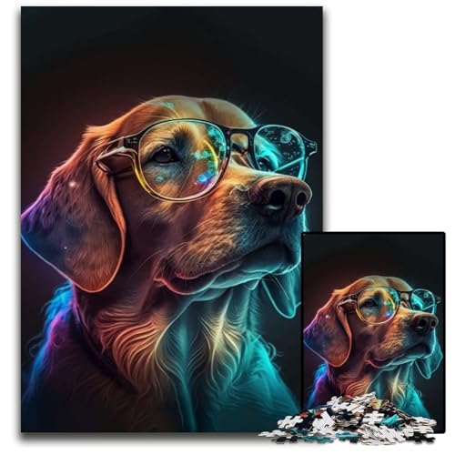 Neonbrillen-Hunde-Puzzle 1000 Teile für Erwachsene Holzpuzzles Heimdekoration und Urlaubsspaß 26x38cm von LGSHENG