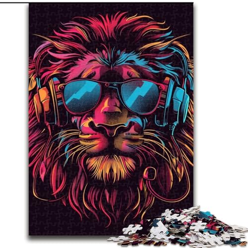 Puzzle 1000 Teile Löwe mit Kopfhörern und Sonnenbrille. Anspruchsvolles Denkspiel für Teenager, perfekt als Heimdekoration oder Geschenk (Größe: 26x38cm) von LGSHENG
