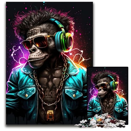 Puzzle 1000 Teile für Erwachsene, AFFE, Kopfhörer, DJ-Musik, Holzpuzzle, Denksportaufgabe, interaktives Familienspiel, geeignet für Kinder ab 14 Jahren, 26x38cm von LGSHENG