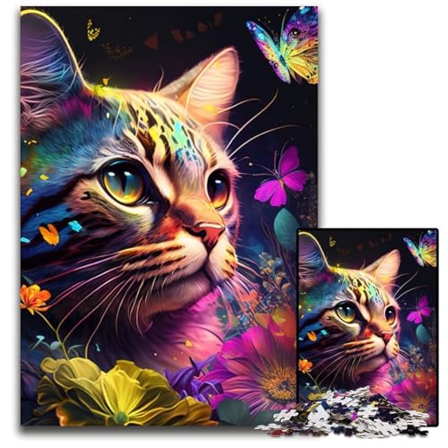 Puzzle 1000 Teile für Erwachsene, Katze und Blume, Neon, Holzpuzzle, ideales DIY-Dekor und Denksportgeschenk, 26x38cm Puzzle 1000 Teile für Erwachsene, Katze und Blume, Neon, Holzpuzzle, ideales DIY-Dekor und Denksportgeschenk, 26x38cm von LGSHENG
