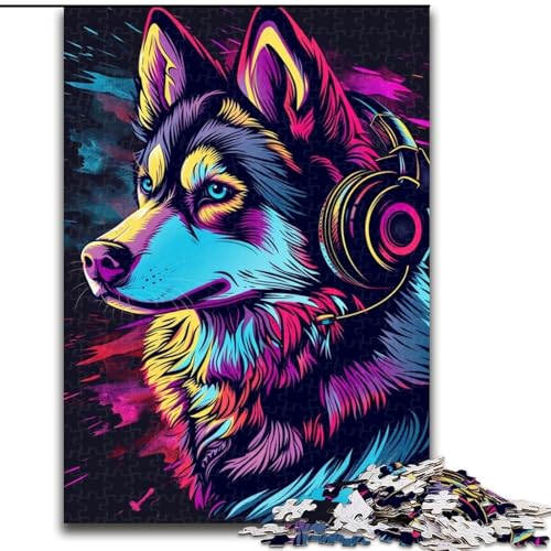 Puzzle 1000 Teile für Erwachsene, Siberian Husky mit Kopfhörern, pädagogisches Denkspiel, künstlerische Heim- und Bürodekoration, ab 14 Jahren (Größe: 26x38cm) von LGSHENG