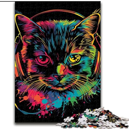 Puzzle 1000 Teile für Erwachsene Katze mit Kopfhörern und Sonnenbrille Puzzle für Teenager Familien-Lernspiele Heimdekoration Geschenk (Größe: 26x38cm) von LGSHENG