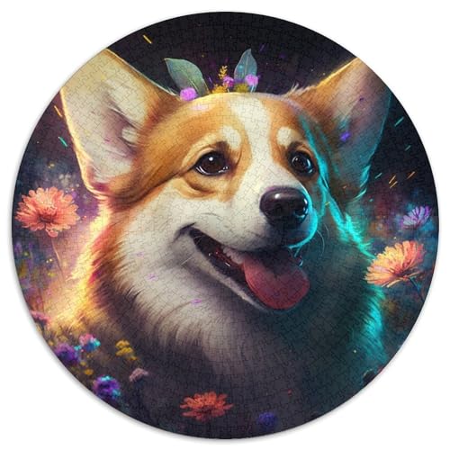 Puzzle für Erwachsene, 1000 Teile, Blumen-Corgi, rund, Papierpuzzle, interaktives Familienspiel, Denksportaufgabe, Geschenk, Lernspielzeug (67,5 x 67,5 cm) von LGSHENG