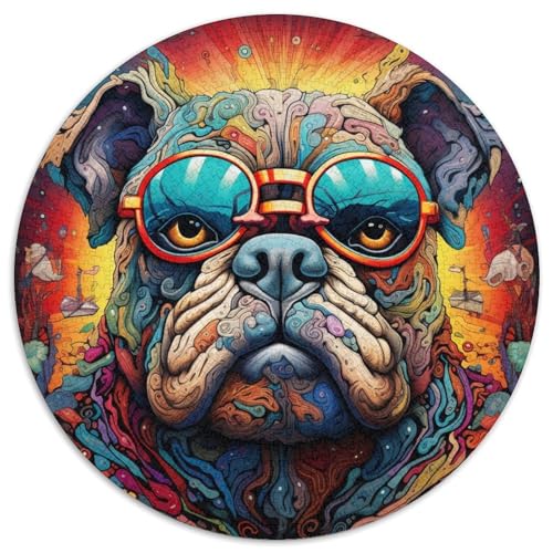 Puzzle für Erwachsene, 1000 Teile, Bulldogge mit Brille, rund, interaktives Familienpuzzle, Denksportaufgabe, Geschenk, Lernspielzeug (67,5 x 67,5 cm) von LGSHENG