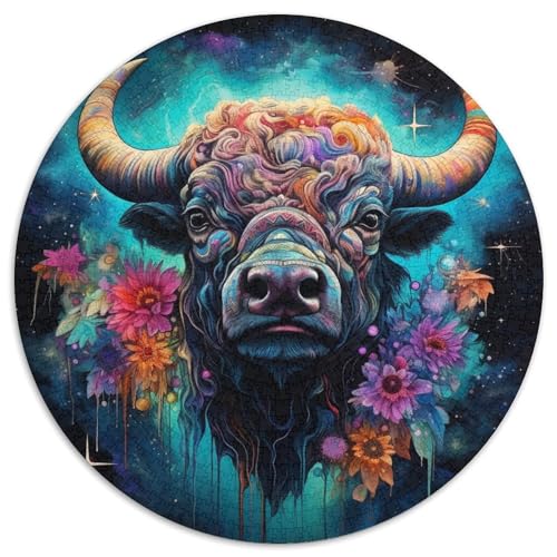 Puzzle für Erwachsene, 1000 Teile, psychedelisches Büffel-Puzzle, rund, Papier, interaktives Familienspiel, Denksportaufgabe, Geschenk, Lernspielzeug (67,5 x 67,5 cm) von LGSHENG