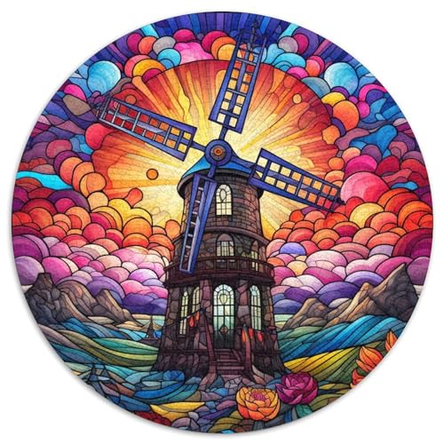 Puzzle mit 1000 Teilen für Erwachsene, Buntglas-Windmühle, rund, Papierpuzzle, anspruchsvolles DIY-Denkspiel, perfektes Familienspiel oder dekoratives Geschenk (67,5 x 67,5 cm) von LGSHENG