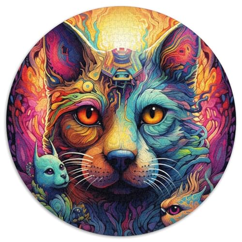 Puzzle mit 1000 Teilen für Erwachsene, psychedelische Kunstkatze, rund, Papierpuzzle, anspruchsvolles DIY-Denkspiel, perfektes Familienspiel oder dekoratives Geschenk (67,5 x 67,5 cm) von LGSHENG