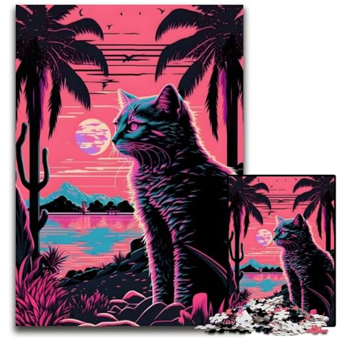 Retrowave-Puzzle mit Katzen- und Naturmotiv, 1000 Teile, für Erwachsene, Puzzle für Erwachsene, Gehirn-Herausforderung, Geschenk, pädagogische Aktivität für Teenager, 50x75cm von LGSHENG