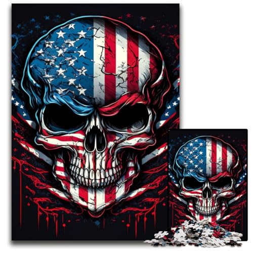 Totenkopf mit amerikanischer Flagge, 1000 Teile, Puzzle, Geschenke, Unmögliches Puzzle für Erwachsene, Herausforderndes Denkspiel für Teenager, Familienspaß, Interaktives Spiel, 50x75cm von LGSHENG
