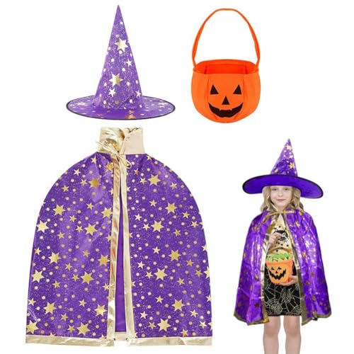 LGWJHCY Halloween Kostüm für Kinder, Unisex, Lila, Hexenhut, Kürbis Candy Bag, Cosplay Umhang für Jungen Mädchen Halloween Party Kostüm von LGWJHCY