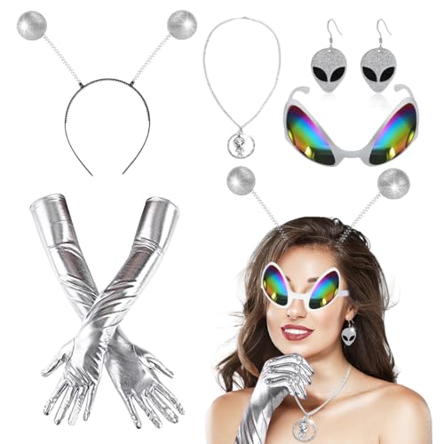 5 Stück Alien Kostüm Set, Alien Outfit Damen, Alien Kostüm Damen Space Kostüm mit Alien Haarreif Alien Brille, Alien Kostümzubehör Set, Space Kostüm für Damen Halloween Cosplay Maskerade Karneval 5 Stück Alien Kostüm Set, Alien Outfit Damen, Alien Kostüm Damen Space Kostüm mit Alien Haarreif Alien Brille, Alien Kostümzubehör Set, Space Kostüm für Damen Halloween Cosplay Maskerade Karneval von LGZIN