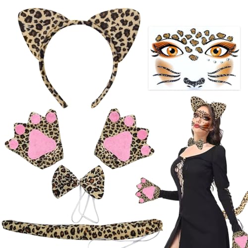 5-teilig Leoparden Kostüm Set, Leopardenkostüm Cosplay Set, Leopard Ohren Stirnband, Leopard Gesicht Aufkleber, Tier Leopard Fliege Handschuhe Schwanz, Tier Verkleiden Set für Karneval Halloween von LGZIN