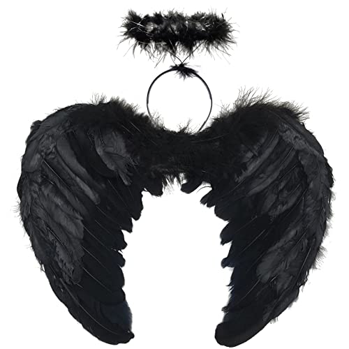 Engel Flügel, Engelsflügel mit Heiligenschein, Engel und Teufel Flügel Kostüm, Federflügel Engel, Gefallener Engel Kostüm, für Halloween Karneval Cosplay Party Fasching Kostümparty(Schwarz) von LGZIN