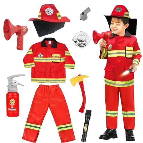 Feuerwehrmann Kostüm Kinder, Kinder Feuerwehr Kostüm, Feuerwehr Rollenspiel Set mit Feuerwehrmann Spielzeug, Feuerwehrmann Verkleidung für Jungen Mädchen Karneval Halloween Fasching ( 3-8 Jahren) von LGZIN