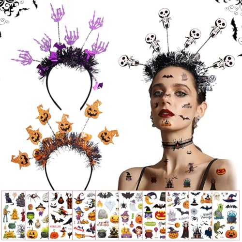 Halloween Haarreif Haarschmuck, 3 Stück Halloween Kopfschmuck und 10 Tattoos Aufkleber, Halloween Stirnband mit Totenkopf, Kürbis und Geister, Halloween Kostüm Accessoire für Kinder Damen Herren Halloween Haarreif Haarschmuck, 3 Stück Halloween Kopfschmuck und 10 Tattoos Aufkleber, Halloween Stirnband mit Totenkopf, Kürbis und Geister, Halloween Kostüm Accessoire für Kinder Damen Herren von LGZIN