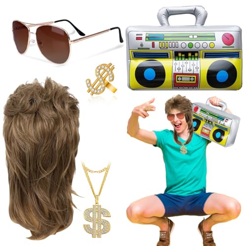 80er Jahre Outfit Herren Perücken, 5 in 1 Vokuhila Set mit Aufblasbare Radio Perücke Sonnenbrille Halskette Ring, Hip Hop Kostüm, Perücke Kostüm Set, 70er 80er Jahre Perücke Disco Hippie Kostüm Set von LGZIN