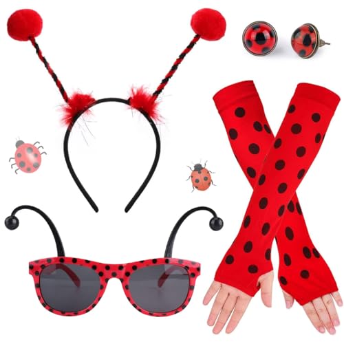 4stk Marienkäfer Kostüm Set, Marienkäfer Kostüm für Kinder Mädchen Erwachsen Enthalten Antenne Stirnband Brille Lange Handschuhe Ohrringe, Marienkäfer Costume Accessories für Karneval Themen Party von LGZIN