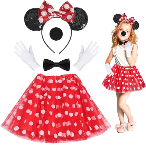 LGZIN Damen Maus Mouse Kostüm, Minnie Mouse Kostüm mit Gepunkteter Tutu, Haarreifen mit Maus Ohren, Weiß Handschuhe, Schwanz Nase und Fliege, Minnie Cosplay Set für Fasching Karneval Motto Party von LGZIN