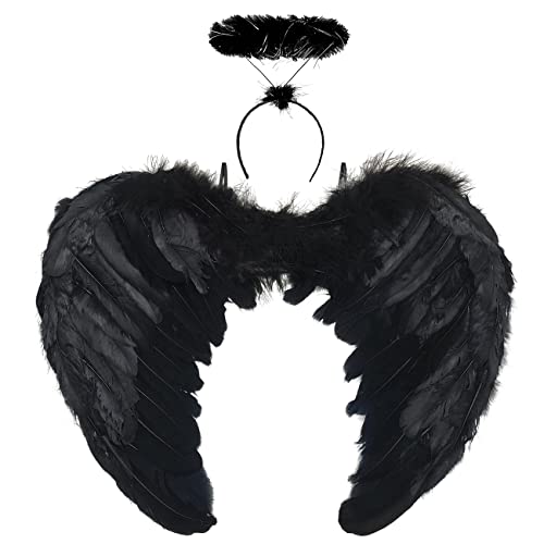 LGZIN Engel Flügel Schwarz, Federflügel Engel, Engel Kostüm mit Heiligenschein, Kostüm Engel Kinder, Schwarz Flügel Mädchen für Halloween Karneval Cosplay Party Fasching Kostüme von LGZIN