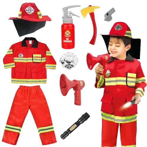 LGZIN Feuerwehrmann Kostüm Kinder, Feuerwehrmann Verkleiden, Feuerwehrmann Kostüm Set mit Feuerwehrmann Spielzeug Zubehör, Feuerwehr Rollenspiel Set für Karneval Halloween Fasching von LGZIN