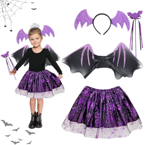 LGZIN Fledermaus Kostüm Kinder, 4-teiliges Fledermauskostüm Mädchen Set mit Fledermaus Tutu, Haarreif, Zauberstab, Flügel, Fledermaus Flügel Kostüm für Halloween Karneval Fasching Cosplay LGZIN Fledermaus Kostüm Kinder, 4-teiliges Fledermauskostüm Mädchen Set mit Fledermaus Tutu, Haarreif, Zauberstab, Flügel, Fledermaus Flügel Kostüm für Halloween Karneval Fasching Cosplay von LGZIN
