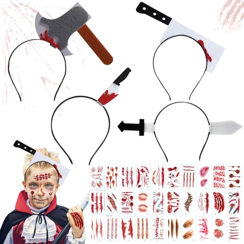 LGZIN Halloween Horror Haarreif Set - 4 Stück Grusel Accessoires Mit 30 Tattoo Narben, Messer Haarband für Fasching Karneval Kostüm Party Cosplay von LGZIN