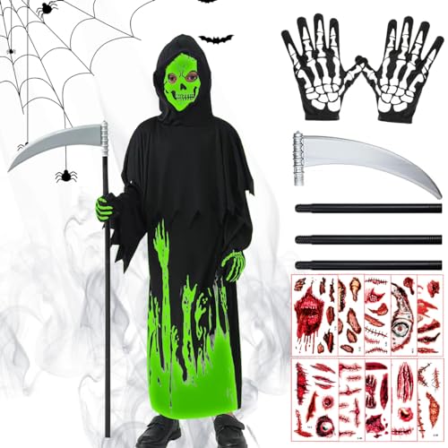 LGZIN Halloween Sensenmann Kostüm, Sensenmann Umhang mit Kapuze, Leuchtenden Grim Reaper Verkleidung Set mit Sense, Skelett Maske Handschuhe, Gewand Des Sensenmanns für Halloween, Karneval von LGZIN