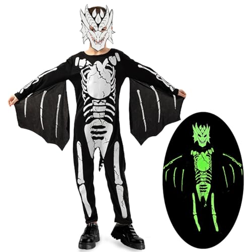 LGZIN Halloween Skelett Kostüm für Kinder, Dino Outfit Set, Glühen im Dunkeln Overall für Jungen, Cosplay Karneval von LGZIN