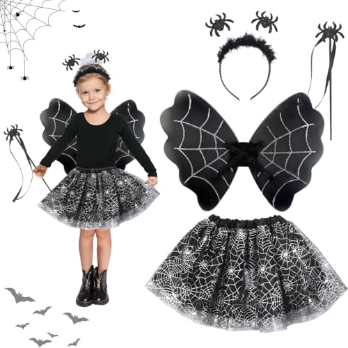 LGZIN Halloween Spinne Kostüm Kinder Set, 4-teiliges Hexenkostüm Kinder mit Spinne Tutu, Haarreif, Zauberstab, Flügel, Spinne Kostüm Mädchen für Halloween Karneval Fasching Cosplay LGZIN Halloween Spinne Kostüm Kinder Set, 4-teiliges Hexenkostüm Kinder mit Spinne Tutu, Haarreif, Zauberstab, Flügel, Spinne Kostüm Mädchen für Halloween Karneval Fasching Cosplay von LGZIN