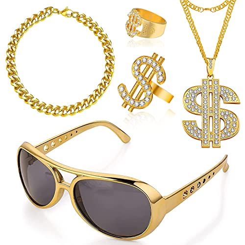 LGZIN Hip Hop Kostüm Set, 5 Stück Dollar Kette Set, 80er Outfit Herren Kostüm, Hip Hop Dollar Halskette Ring Armband Brille, 80er/90er Rapper Zubehör für Fasching & Karneval Cosplay Kostüm von LGZIN