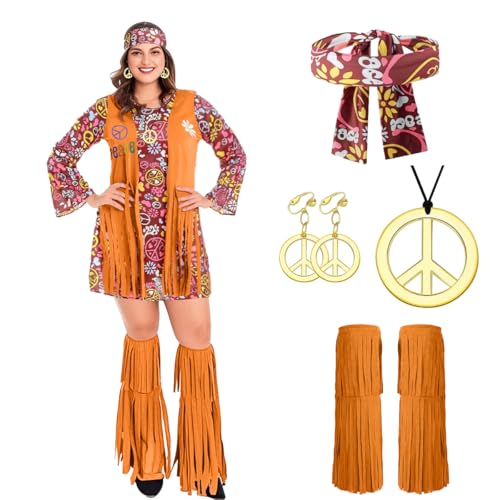 LGZIN Hippie Kleid Damen Große Größen, Übergröße Hippie Kleidung, 60er 70er Jahre Bekleidung Dame-n, 70er Jahre Outfit Damen Hippi-e, Faschingskostüm Große Größen für Karneval Cosplay (XXL/XXXL) von LGZIN