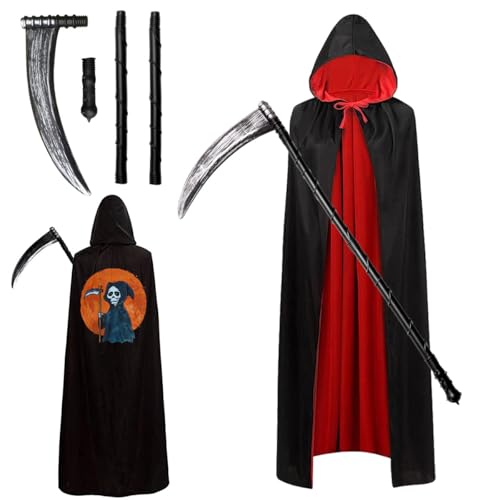 LGZIN Sensenmann Kostüm, Karneval Umhang Mit Sense, Schwarz Rot Doppelseitig, Grim Reaper Set für Cosplay, Unisex von LGZIN