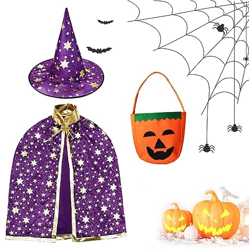 LGZIN Kinder Halloween Kostüm, Hexe Zauberer Umhang mit Kürbis Candy Bag, Witch Umhang mit Hut, Zauberer Mantel mit Requisiten, Wizard Cape für Jungen Mädchen Karneval Cosplay Party von LGZIN