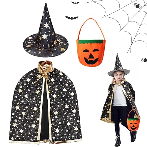 LGZIN Kinder Halloween Kostüm, Witch Umhang, Wizard Cape mit Hut und Kürbis Candy Bag, Zauberer Mantel mit Requisiten für Jungen Mädchen Cosplay Party (Schwarz) von LGZIN