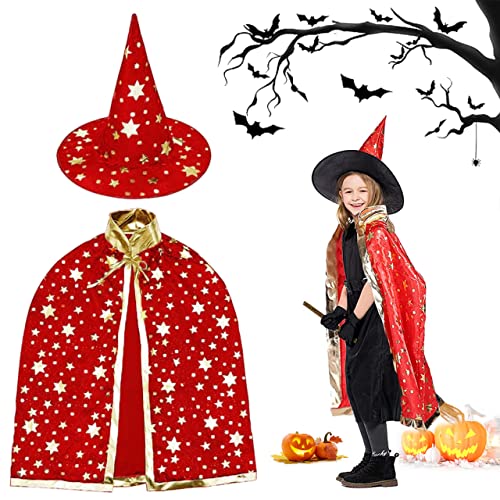 LGZIN Kinder Halloween Kostüm, Zauberer Cape und Hut Kinder, Zauberer Umhang für Kinder, Halloween Hexe Umhang, Kinder Halloween Umhange für Halloween Karneval Cosplay Party (Rot) von LGZIN