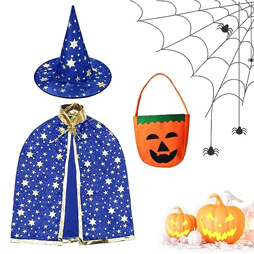 LGZIN Kinder Halloween Kostüm, Hexe Zauberer Umhang mit Kürbis Candy Bag, Witch Umhang mit Hut, Zauberer Mantel mit Requisiten, Wizard Cape für Jungen Mädchen Cosplay Party(Blau) von LGZIN