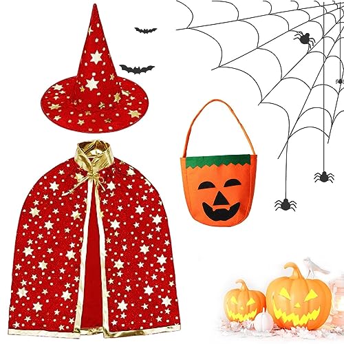 LGZIN Kinder Halloween Kostüm, Hexe Zauberer Umhang mit Kürbis Candy Bag, Witch Umhang mit Hut, Zauberer Mantel mit Requisiten, Wizard Cape für Jungen Mädchen Cosplay Party(Rot) von LGZIN