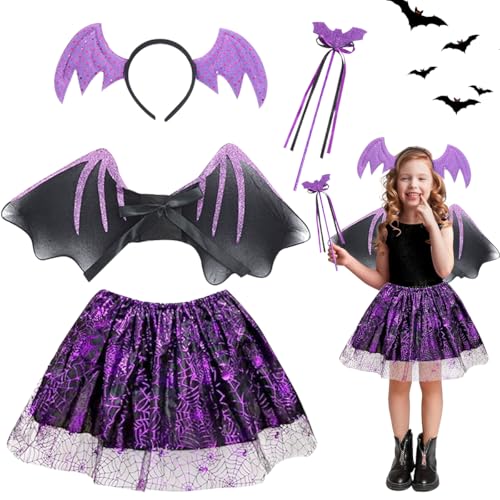 LGZIN Fledermaus Kostüm Set für Kinder - 4 Stück mit Flügel, Tutu Rock, Zauberstab und Haarreif - für Halloween und Karneval von LGZIN