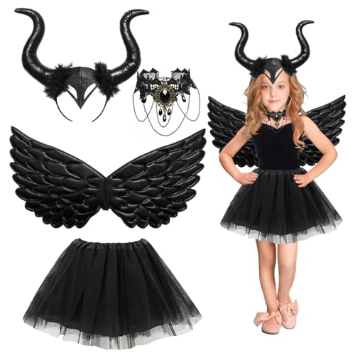 LGZIN Königin Hörner Kostüm Kinder, 4 Stück Maleficent Kostüm Mädchen mit Hörner Kopfschmuck, Kostüm Kind Tutu, Schwarzen Engelsflügeln, Halskette für Kostümparty Karneval Halloween Party LGZIN Königin Hörner Kostüm Kinder, 4 Stück Maleficent Kostüm Mädchen mit Hörner Kopfschmuck, Kostüm Kind Tutu, Schwarzen Engelsflügeln, Halskette für Kostümparty Karneval Halloween Party von LGZIN